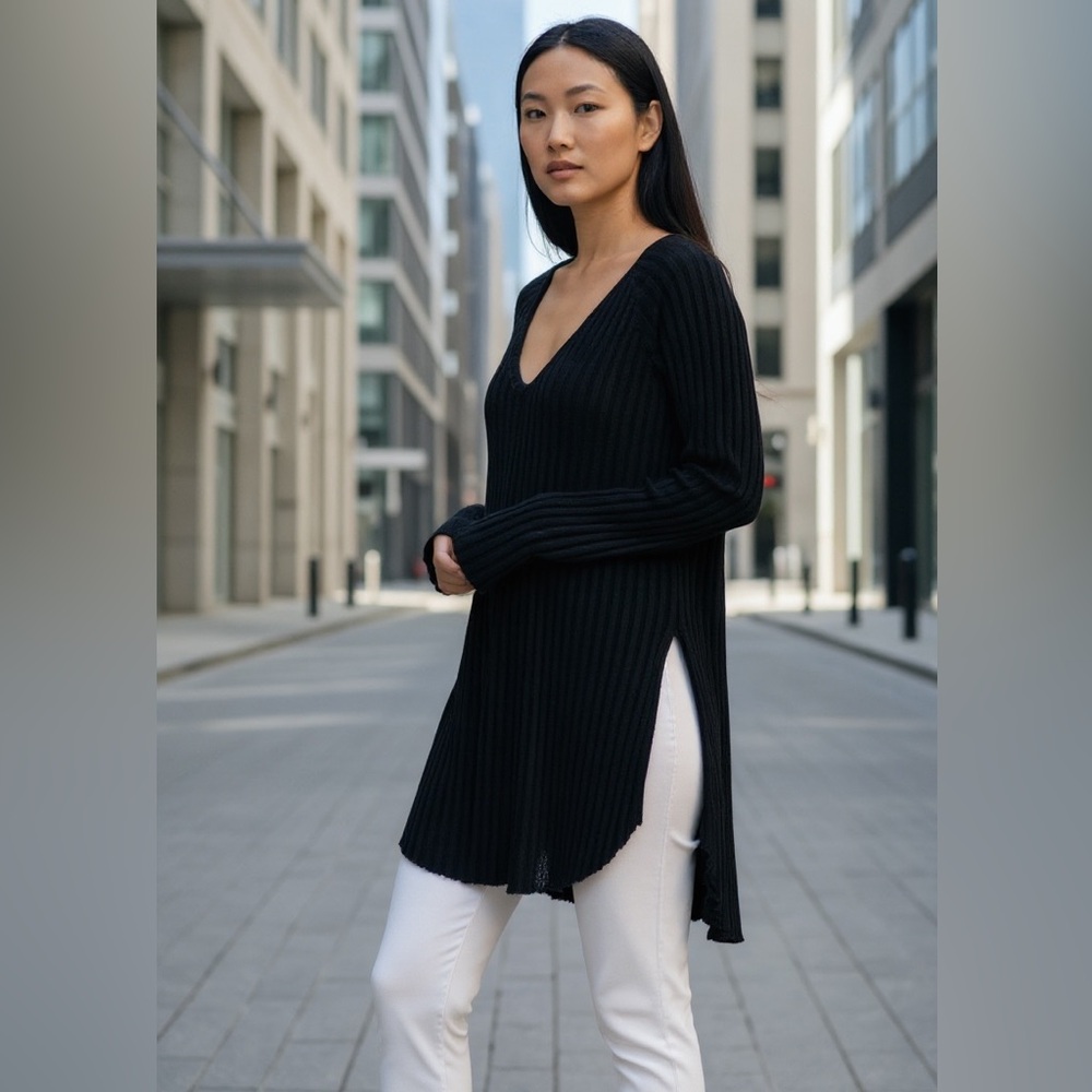 WE THE FREE sweater black ribbed V-neck top cotton blend long distressed edges